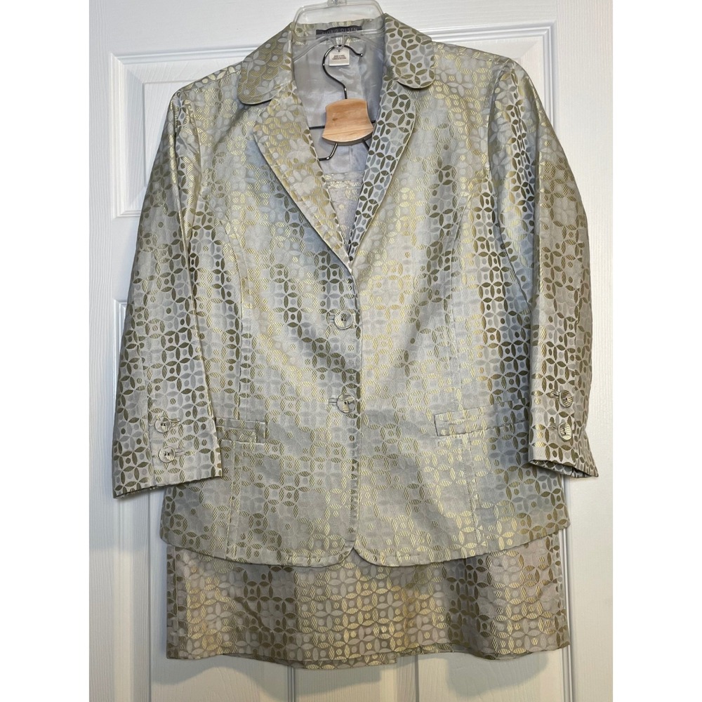 Sigrid Olsen Metallic Jacquard Skirt Suit Champagne Silver Wedding Formal Size 8